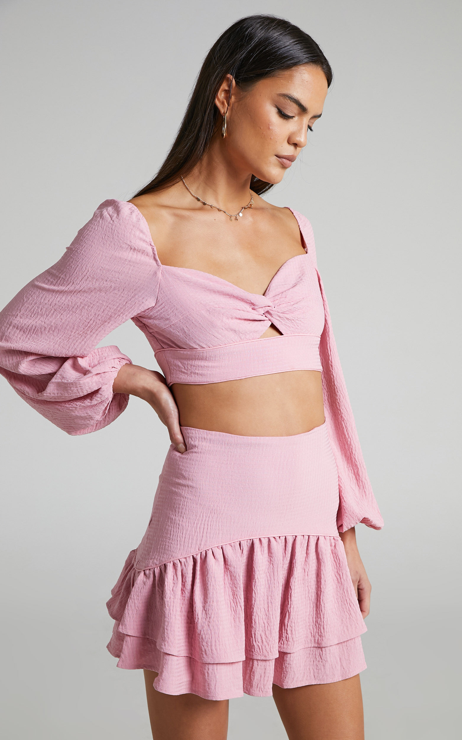 Razille Two Piece Set - Twist Front Long Sleeve Crop Top and Mini Skirt Set in Pink - 04, PNK1