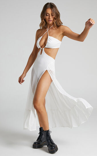 Kailyn Midaxi Dress - Halter Slit Dress in Cream