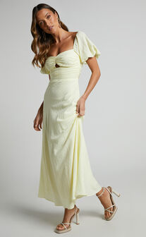 Vynna Scoop Neck Puff Sleeve Ruched Bust A Line Midi Dress in Butter Yellow