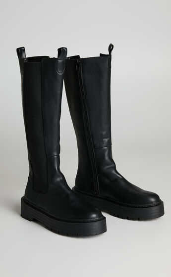 Public Desire - Andi Knee High Chunky Sole Boots in Black PU