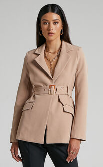 Mikirie Belted Cut Out Blazer in Tan