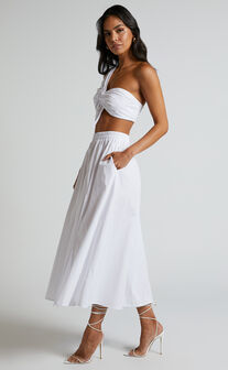 Sula Two Piece Set - One Shoulder Bralette Crop Top and Midaxi Skirt Set in White