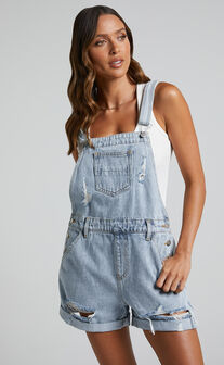 Rheana Overalls - Recycled Cotton Denim Short Overalls in Mid Blue Wash