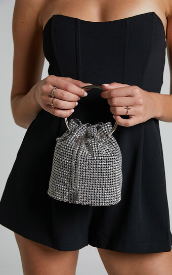 Leonilda Bag - Diamante Ring Handle Bucket Bag in Silver Diamante