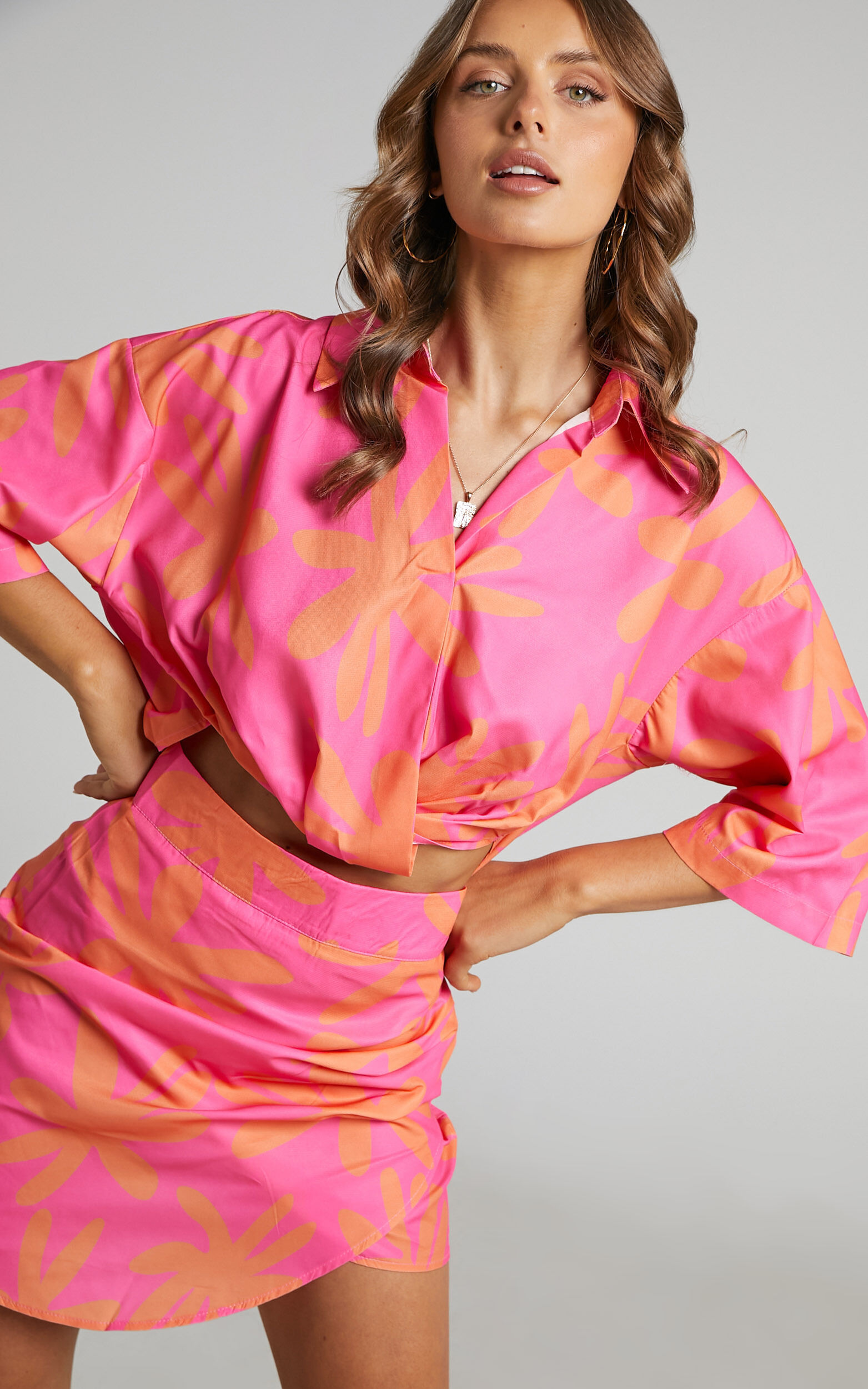Clarrie Two Piece Set - Crop Top Wrap Skirt Two Piece Set in Pink/Orange - L, PNK3