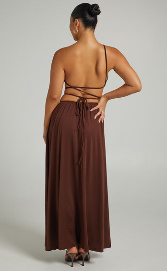 Ornella Maxi Dress with Tie up Details in Chocolate
