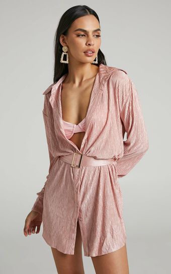 Rosamund Belted Button Up Crinkle Mini Shirt Dress in Dusty Pink