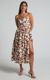 Evita Midi Dress - Ruched High Split Strapless Dress in Multi | Showpo