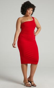 Got Me Looking One Shoulder Bodycon Midi Dress in Red