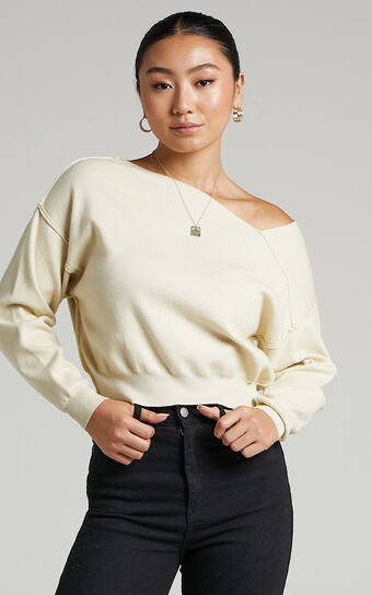 Kamille Asymmetric Side Shoulder Knit Top in Off White
