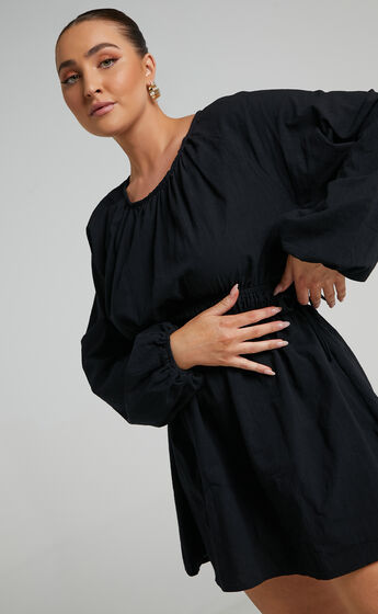 Easton Elastic Waist Long Sleeve Mini Dress in Black