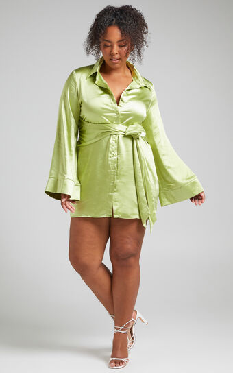 Hadid Mini Dress - Button Down Waist Tie Shirt Dress in Green