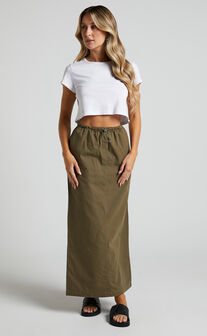Tia Midaxi Skirt - Drawstring Cargo Skirt in Khaki