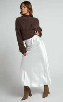 Salina Satin Slip Midi Skirt in White