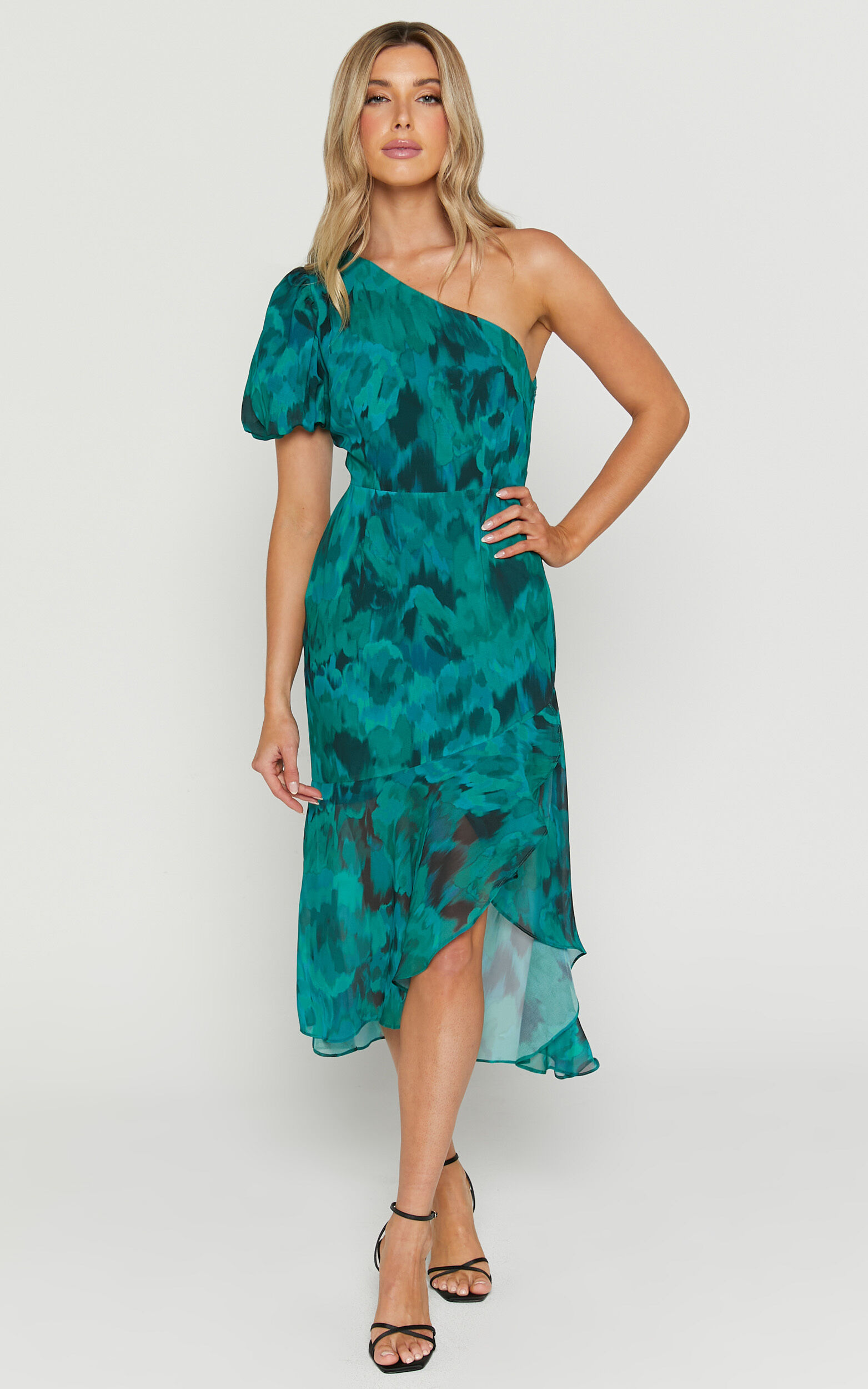 Clabelle Midaxi Dress - One Shoulder Ruffle Tulip Hem Dress in Emerald Blur Floral - 04, GRN1