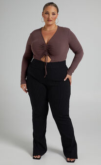 Camila Long Sleeve Ruched Front Bodysuit in Chocolate