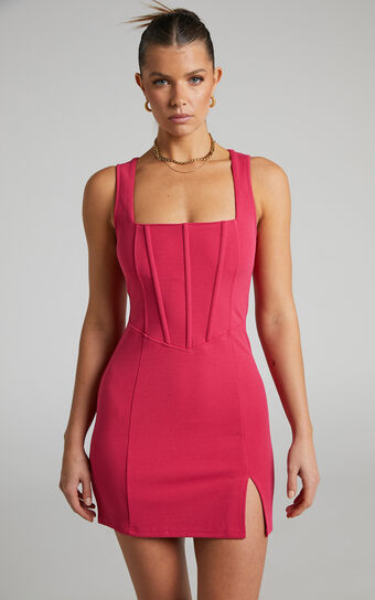 Aleyna Mini Dress - Panelled Corset Side Split Dress in Hot Pink
