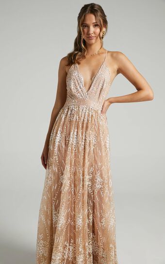 Her Crystal Eyes Maxi Dress in Rose Gold Glitter Tulle