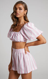 Sahle Top - Striped Puff Sleeve Crop Top in Pink