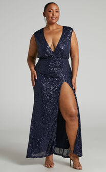 Helaena Plunge Neck Thigh Split Sequin Maxi Dress in Dark Blue