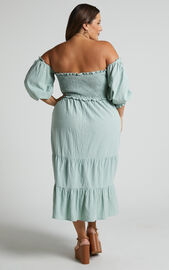Nikka Midi Dress - Shirred Off Shoulder Puff Sleeve Dress in Sage | Showpo