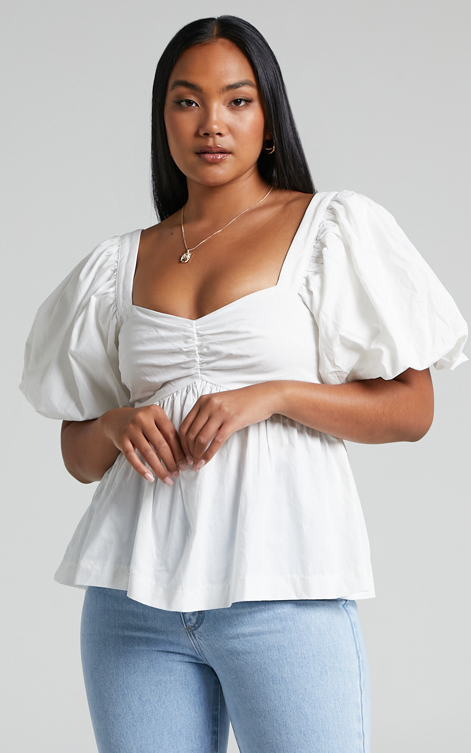 Shanskie Puff Sleeve Peplum Top in Off White - 04, WHT1, super-hi-res image number null