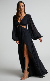 Paige Side Cut Out Balloon Sleeve Maxi Dress in Black