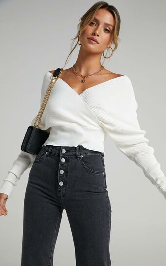 Petra Long Sleeve Wrap Ribbed Knit Top in Cream