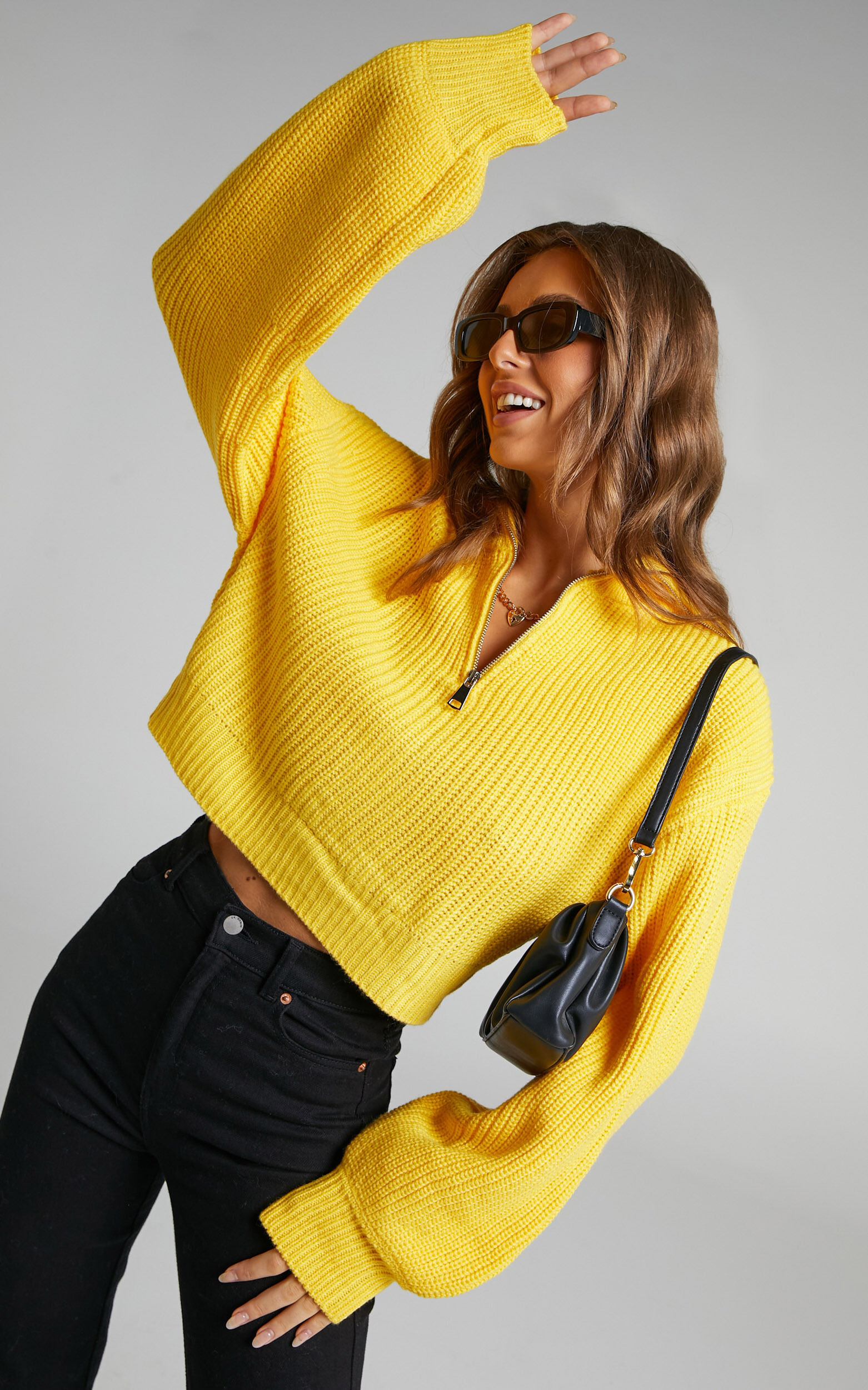 Anjeanette Puff Sleeve Quarter Zip Sweater in Yellow - L, YEL1, super-hi-res image number null