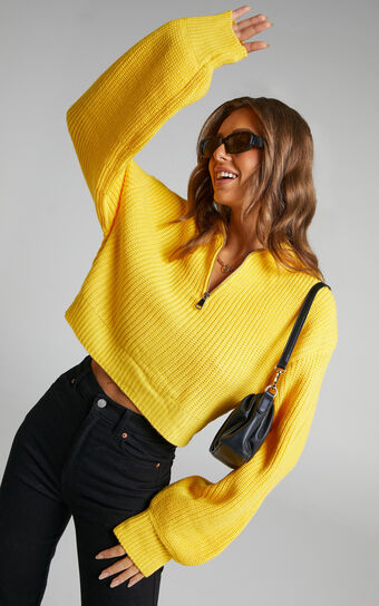 Anjeanette Puff Sleeve Quarter Zip Sweater in Yellow