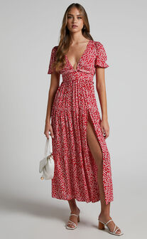 Luisella Puff Sleeve Tiered Maxi Dress in Red Ditsy Floral