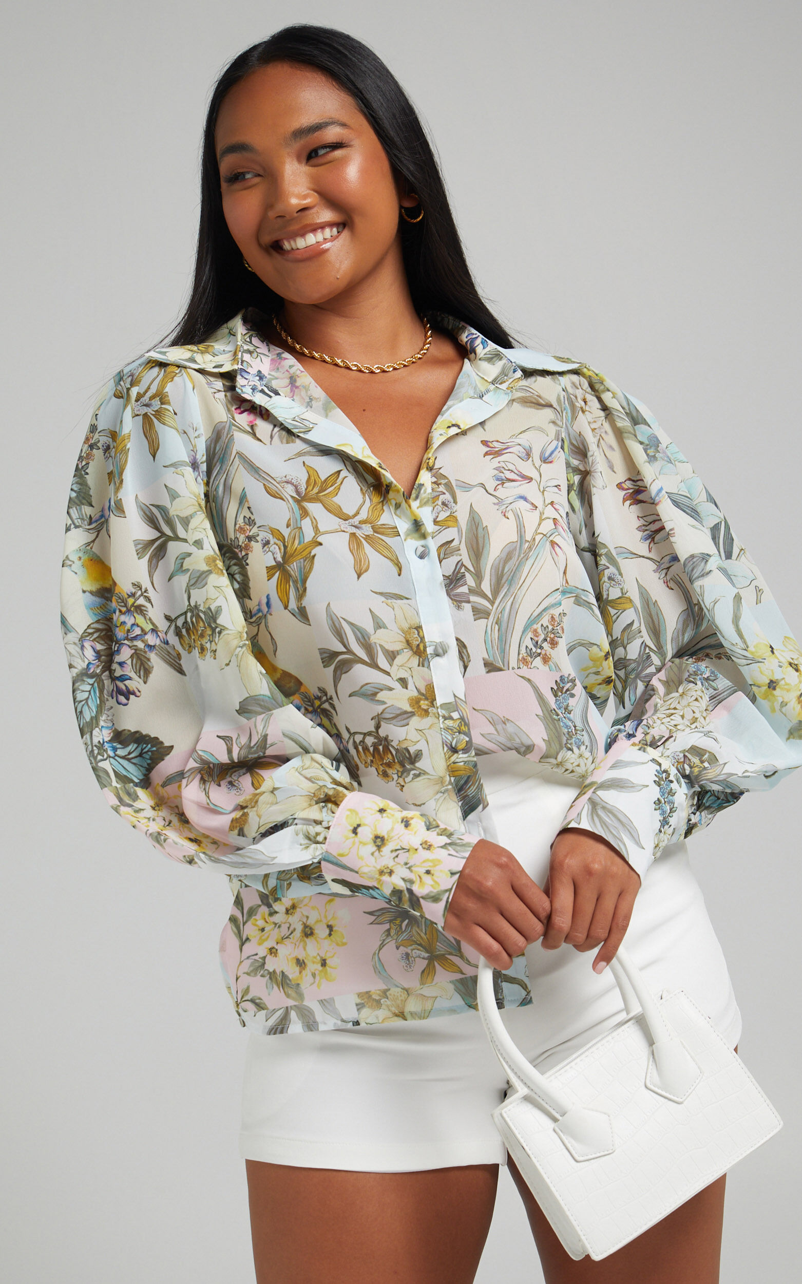 Virgette Printed Collared Balloon Sleeve Blouse in Boho Patchwork - 04, MLT1, super-hi-res image number null