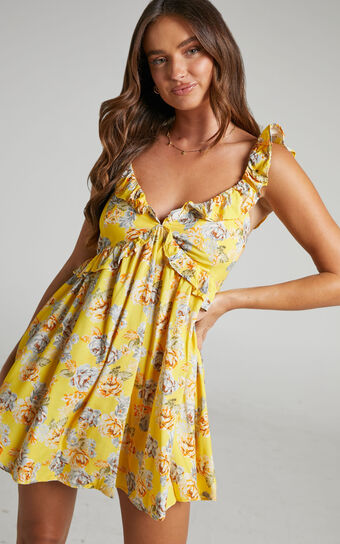 Serenyo Mini Dress - Ruffle Detail V Neck Low Back Skater Dress in Yellow Floral