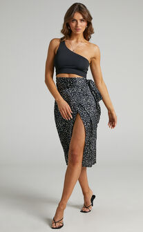 Colac Printed Functional Wrap Skirt With Leg Slit in Black Spot