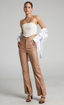 Evanthe High Waisted Split Front Faux Leather Trousers in Beige
