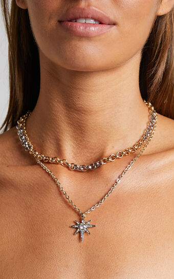Jelai Necklace - Diamante Star Pendant Layered Necklace in Gold and Silver