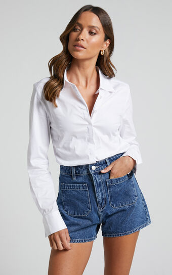 Briannon Shirt - Long Sleeve Fitted Collared Button Up Shirt in White