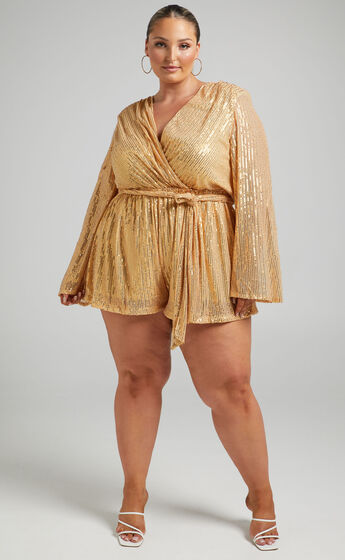 Lizzell Sequin Wrap Playsuit in Gold Sequin