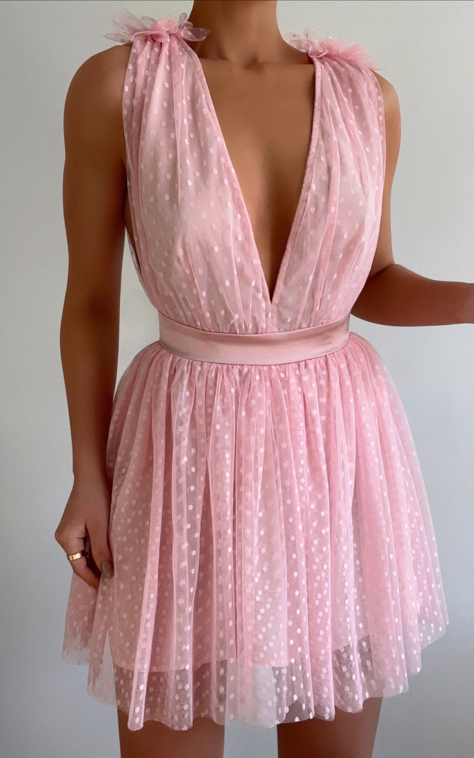 Mariabella Mini Dress - Tulle Plunge Dress in Pink - 04, PNK2, super-hi-res image number null