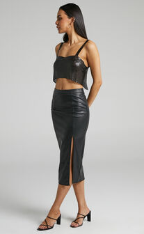 Tavua Faux Leather Split Midi Skirt in Black