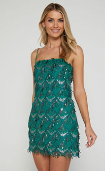 Shook Mini Dress - Strapless Fringe Dress in Emerald Sequin