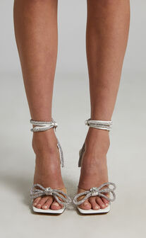 Public Desire - Glimmer Wrap Around Diamante Bow Square Toe Heels in White
