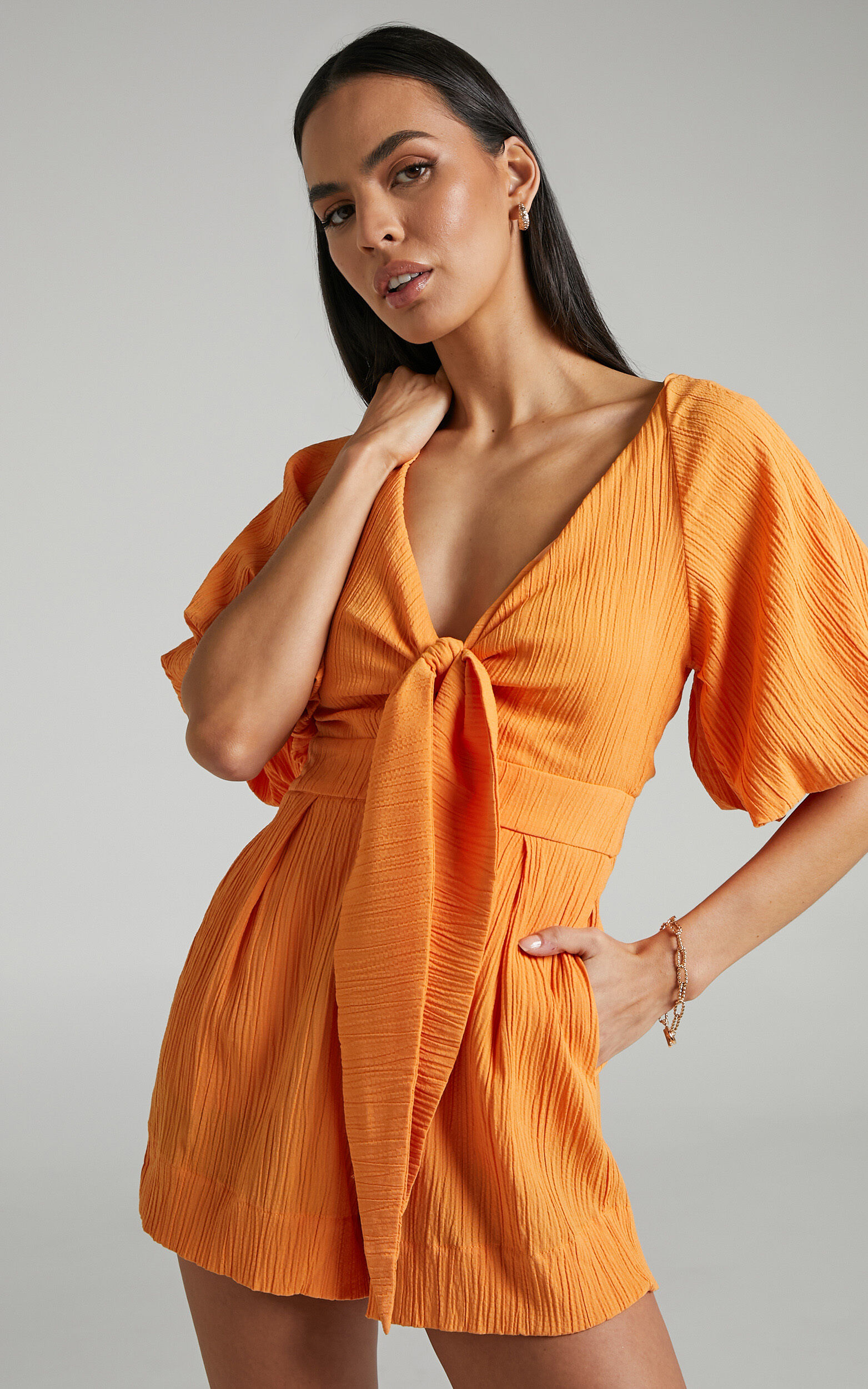 Celestia Plunge Tie Front Puff Sleeve Playsuit in Mango - 06, ORG1, super-hi-res image number null