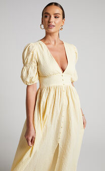 Augusta Midi Dress - Button Detail V Neck Double Puff Sleeve Dress in Butter Yellow