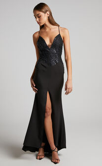 Robeta Maxi Dress - Glitter Bodice Plunge Neck Mermaid Dress in Black