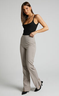 Khizza Pants - High Waisted Side Split Pants in Brown Pink Check