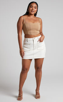 Malcolm Mini Skirt - Contrast Stitch A-line Denim Skirt in White