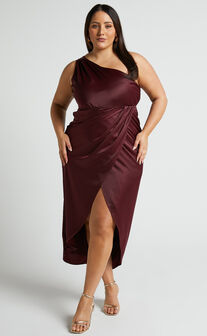Felt So Happy Midaxi Dress - One Shoulder Drape Dress in Wine