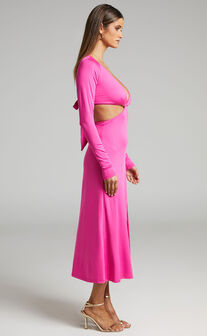 Arleine Front Cut Out Tie Back Long Sleeve Midi Dress in Pink