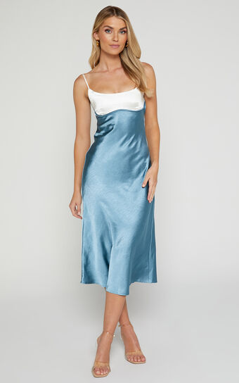 Shantelle Midaxi Dress - Satin Slip Contrast Bust Dress in Steel Blue